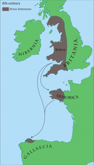 Mapa dos asentamentos bretóns no S.VI